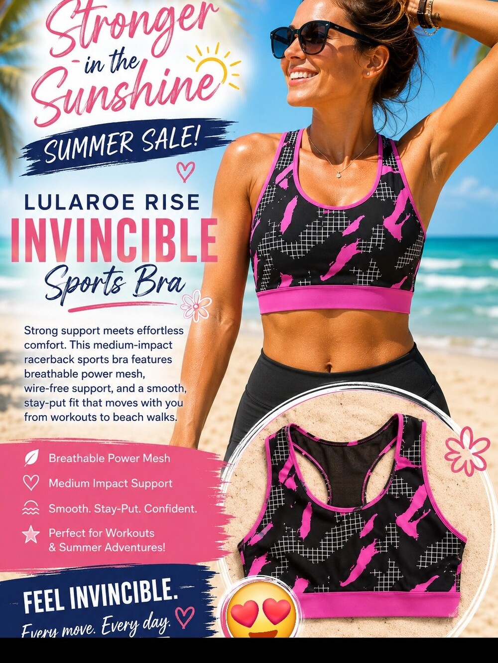 LuLaRoe Invincible Sports Bra - Black & Hot Pink Pattern NWOT